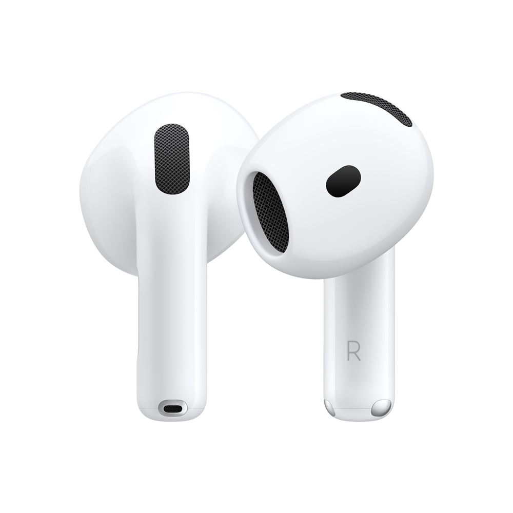 Apple AirPods 4 brancos com estojo de carregamento USB-C, fones de ouvido sem fio.