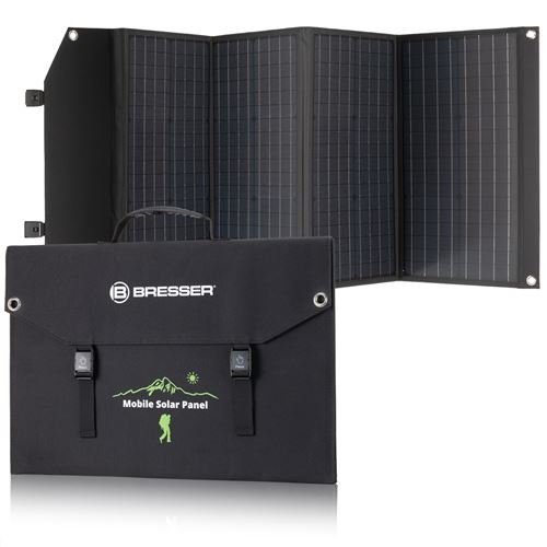 Carregador solar portátil BRESSER de 120 watts com porta USB e conexão de energia.