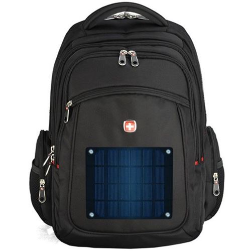 Mochila com carregador solar universal de 2 watts e bateria de 2600 mAh.