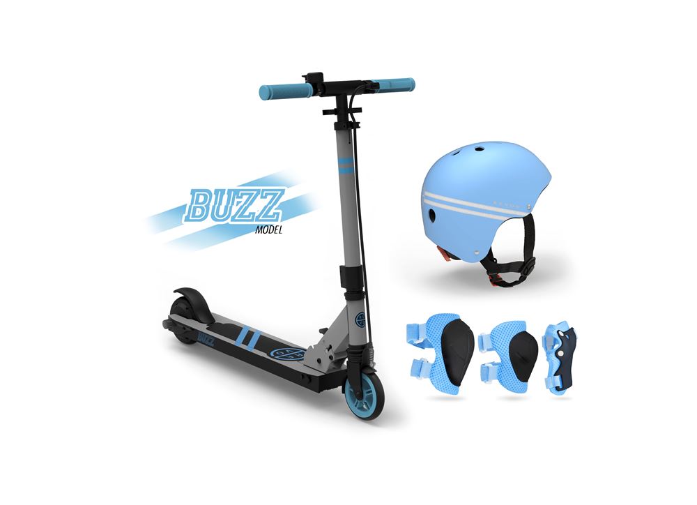 Patinete elétrico infantil Revoe com acessórios, azul.